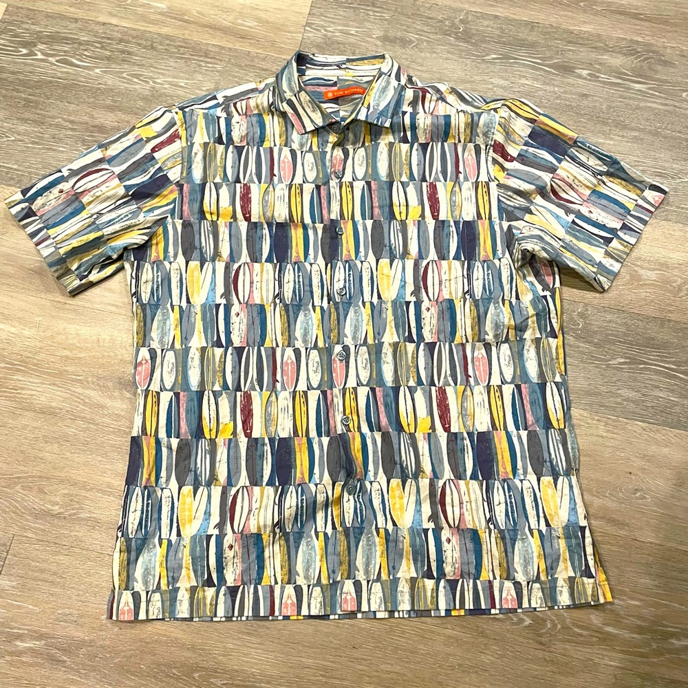 Tori Richard Size Large Surfboard Patterned Shirt - Blue, Yellow, Red